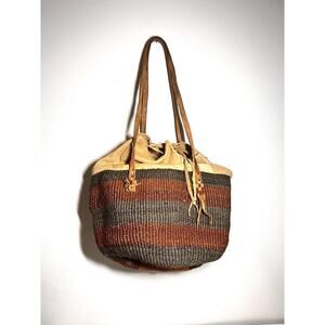 Brown/Rust EUC Sisal Woven Bucket Bag Tote with Leather Drawstring Top Market